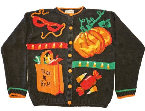 Primary image for Alexandra Bartlett Halloween Sweater Womens XL Trick or Treat Pumpkin Cardigan