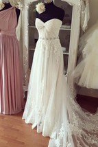 Sweetheart Neck A-line Tulle Wedding Dress Lace Appliquies Women Bridal ... - £132.59 GBP