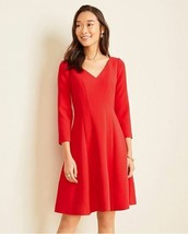 New Ann Taylor Red V-neck Double Weave Seamed 3/4 Sleeve Fit Flare Dress 2 - £47.54 GBP