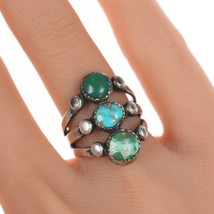 sz6 20&#39;s-30&#39;s Navajo silver ring with 3 turquoise stones - £217.35 GBP