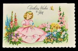 Unused 1950s Birthday Card Girl in Pink Dress Holding a White Kitty Cat ... - $6.79