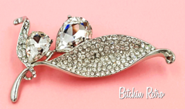 Floral Rhinestone Brooch Pear Cut Flower Pin With Pave Set Leaves  - £17.54 GBP