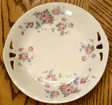 Porcelain Cake Plate Open Tab Handle Marked Germany Romany Pink Roses Tablescape - £12.62 GBP