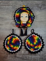 Vtg 50s Doll Face Hot Pad Holder Multicolor Native American Design Crocheted - £15.88 GBP