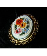 Italian Micro-Mosaic Oval Floral Brooch Pin w/Filigree Edging-Lot P 58 - $14.50