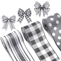 Grey Wired Edge Ribbon Plaid Ribbon 3 Rolls 2.5 Inch Farmhouse Ribbon Bu... - £22.42 GBP