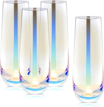 Iridescent Stemless Champagne Flutes, Wine Glasses for Cocktails (10 Oz, 4 Pack - £44.04 GBP