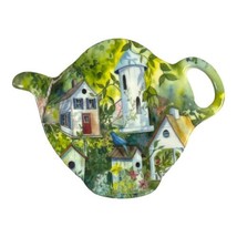 Italy Melamine Teapot Shaped Teabag Spoon Rest Birdhouses Blue Bird Cottagecore - £11.01 GBP