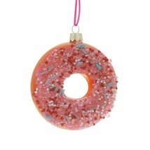DONUT ORNAMENT 4&quot; Glass Pink Frosted Doughnut with Bead Sprinkles Christ... - $19.95
