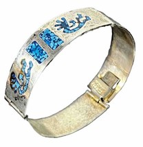VTG Mexico Turquoise &amp; Abalone Inlay 3 Panel Bracelet Alpaca Silver Bangle Cuff - £16.36 GBP
