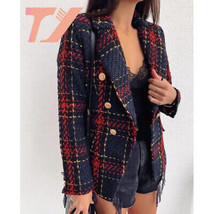 Womens Scottish Plaid Tweed Blazer   Collared Long Sleeves Tartan Mid Length Red - £53.42 GBP