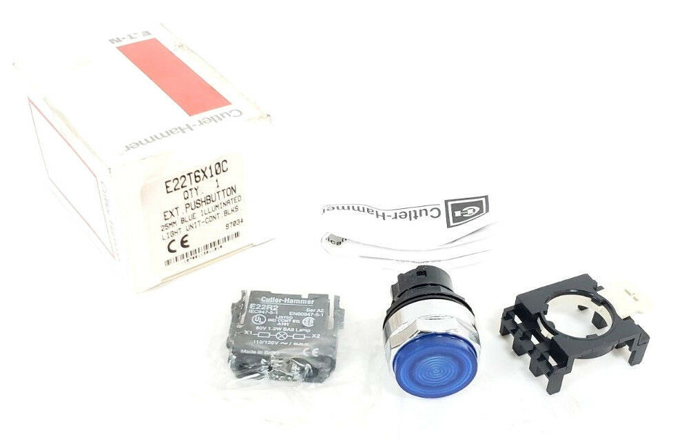 Primary image for NIB EATON CUTLER-HAMMER E22T6X10C EXT. PUSHBUTTON BLUE, E22R2 CONTACT