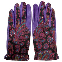 VTG Purple Leather /Paisley Fabric Gloves USA Womens Sz M/ L - $38.61