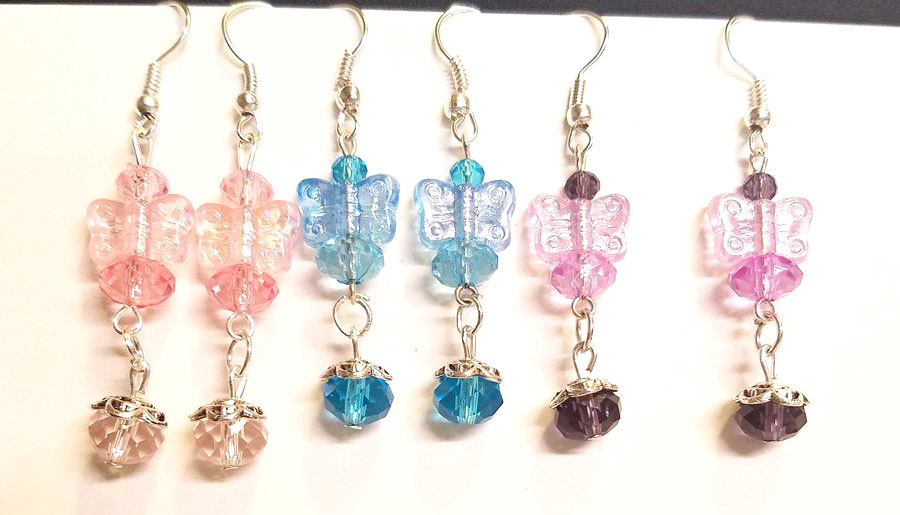 3 pr butterfly bead drop earrings lot dangles handmade jewelry blue pink purple - $7.50