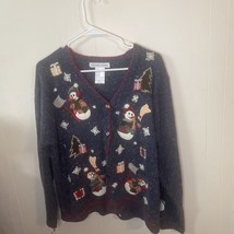 Ugly Christmas Sweater Snowmen Angora Cardigan Vintage Holiday Women&#39;s Large - £13.24 GBP