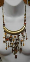 Vintage Brass &amp; Glass Bead Dangle Chain Bib Runway Necklace - £43.53 GBP