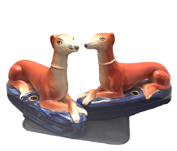 Pair of Antique Inkwells Victorian Staffordshire Whippet Dog figurines England - £230.98 GBP
