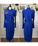 Vintage St John 3pc Skirt Suit Santana Knit Cobalt Blue Silk Scarf M 10 - $252.00