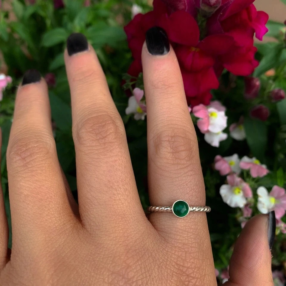 Solid 925 Silver Green Malachite Stacking Ring| Dainty Malachite Women's Ring Item image 4