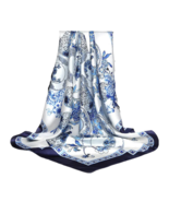 Anyyou Scarf for Women Blue White Vase Satin Silk Shawl Fashion Accessories - $486.74 MXN