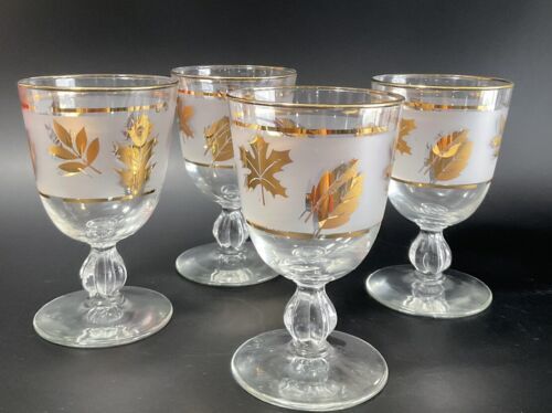 Primary image for Vintage Libbey CO Golden Leaves Foliage Frosted Glass 5 1/2" Water Goblet Set 4