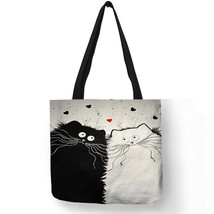 Simple Style Women Handbag Cute Black Cat Prints Shoulder Bag Eco Linen Practica - £13.80 GBP