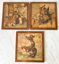 Antique Vintage Handmade Wooden Frame Tray Puzzles Dogs &amp; Bears Set of 3 - £51.98 GBP