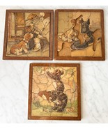 Antique Vintage Handmade Wooden Frame Tray Puzzles Dogs &amp; Bears Set of 3 - £52.10 GBP