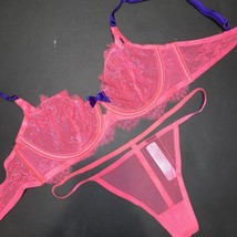 Nwt Victoria&#39;s Secret senza Righe 34C, 34D Reggiseno Set S Rete Tanga Neon Rosa - £49.48 GBP