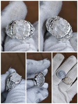 Authentic Fossil Elepphant Sperm Ring with White Fibers, Silver Filigree... - $102.62