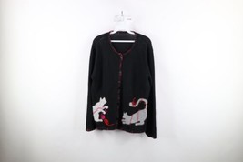 Vintage 90s Womens XL Wool Blend Knit Cat Kitten Button Cardigan Sweater Black - $69.25