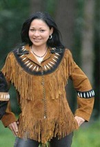 Women&#39;s Western Cow Girl Brown Suede Leather Fringe Bones Jacket WJ119 - $149.00