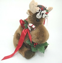 Stuffed Plush Christmas Moose Holding Holly Candy Cane Wearing Plaid Bonnet 11&quot; - £11.09 GBP