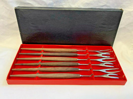 MCM Teak Fondue Fork Set of 6 Utensils Stainless Steel Japan w/ Box Food Kitchen - £23.94 GBP