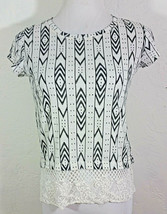 Rewind Womens Top Small Geometric Multicolor Floral Lace Trim Cap Sleeve Tribal - £7.86 GBP