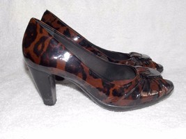Nurture Brown/Black CHEETHA Patent Leather Peep Toe Heels 8M Used - $25.99