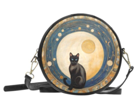 Round Sling Purse Art Nouveau Black Cat Moon 8 Inches PU Leather - £38.16 GBP