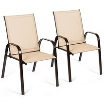Outdoor Dining Chair 2 Pcs Patio Chairs with Armrest-Beige - £92.32 GBP