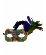 Small Purple Green Gold Feather Crystal Eyes Mardi Gras Masquerade Mask - $14.99