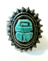 Vintage Adjustable Egyptian Faience Glazed Turquoise Tone Scarab Ring Untested - £29.02 GBP