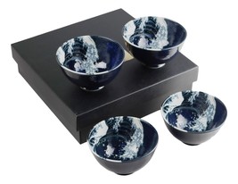 Set Of 4 Blue Japanese Hokusai Great Wave Porcelain Soup Rice Dessert Bo... - $43.99