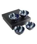 Set Of 4 Blue Japanese Hokusai Great Wave Porcelain Soup Rice Dessert Bo... - $43.99