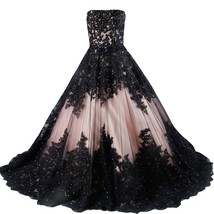 Kivary Vintage Black Lace A Line Long Corset Strapless Prom Wedding Dresses Nude - £158.26 GBP