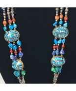 Multi Color Stone Necklace Handmade Mixed Materials Chunky Triple Strand... - £101.43 GBP