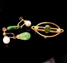 Vintage 10K Jade Pearl dangle Earrings - 14k GF Jade brooch - Good Luck symbol - - £131.58 GBP