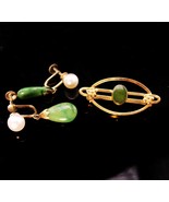 Vintage 10K Jade Pearl dangle Earrings - 14k GF Jade brooch - Good Luck ... - $165.00