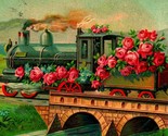 Locomotive Train Roses Flowers Stone Bridge Embossed Floral 1910s Postcard - £4.65 GBP