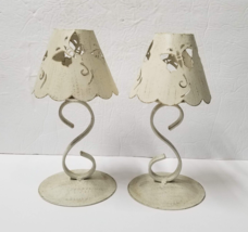 2 Tealight Lamps Butterfly Shade Rustic Metal Lamp Pair Country Ruffle S... - $14.00