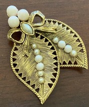 Vintage Goldtone Leaf and Bow Brooch with White Stones - $9.49