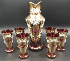 VTG Egermann Bohemian 24k Gold Handpainted Ruby Red Glass Pitcher w/6 Tumblers - £217.69 GBP